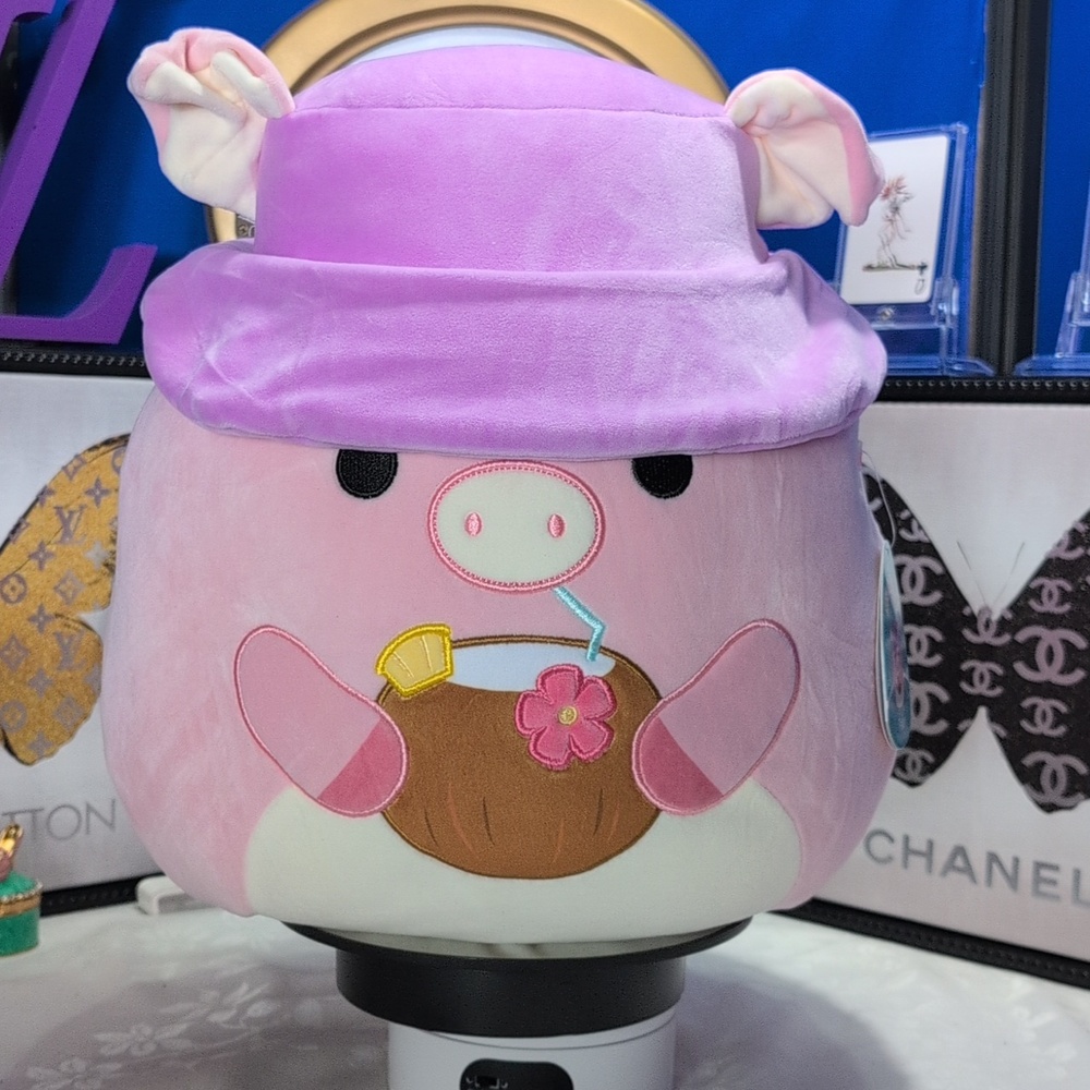 Squishmallows 16"  PETER The Pig W/ Tropical Drink And Lavender Bucket HAT NEW🔥